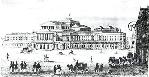 Vista del Gran Teatro, Varsovia, grabado por Adam Pilinski (1810-87)